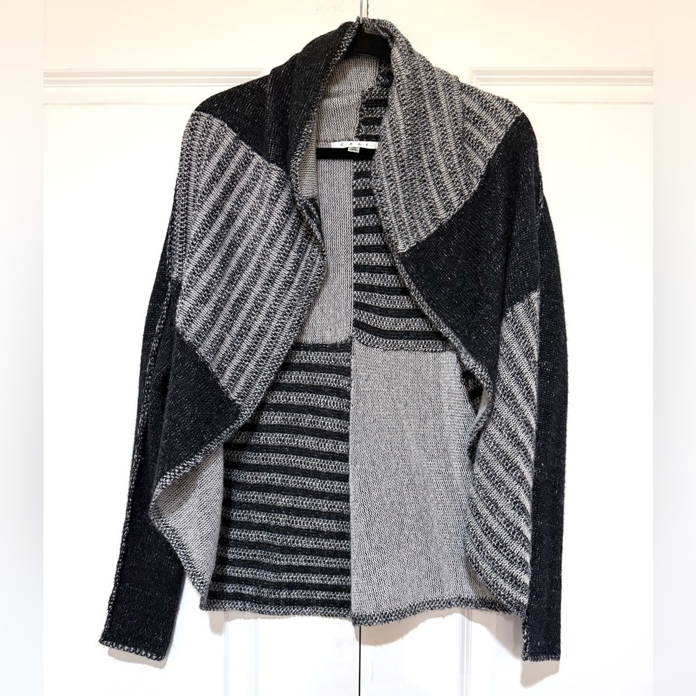 CAbi patchwork open front wool blend black/gray Knit Cardigan